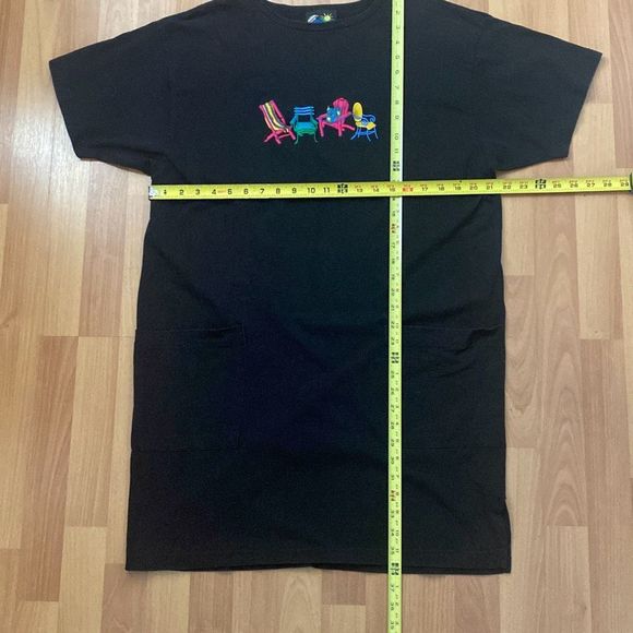 Vintage Seaside Long T Shirt Dress Embroidered Chairs Front Pockets Women OS - Picture 6 of 6